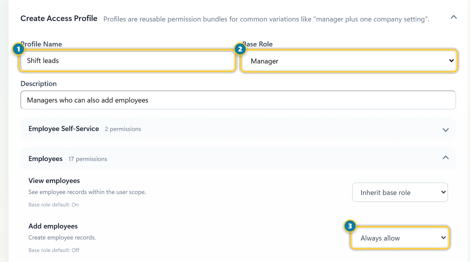 The Create Access Profile form with Profile Name (1), Base Role (2) and the Add employees permission set to Always allow (3) marked
