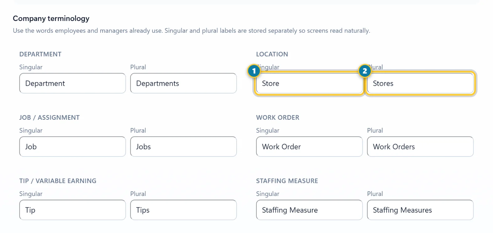 The Company terminology section with the Location singular (1) and plural (2) changed to Store and Stores