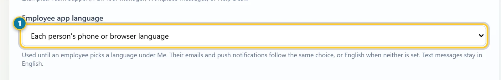 Company Settings with the Employee app language list marked (1)