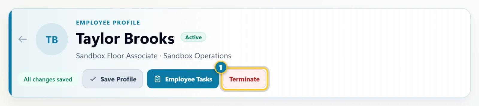 The top of an employee profile with the Terminate button marked (1)