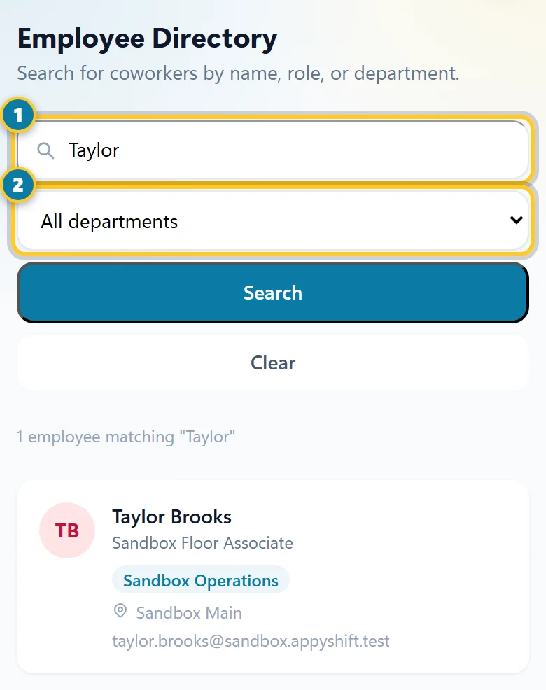The Employee Directory with the search box (1) and the department list (2) marked