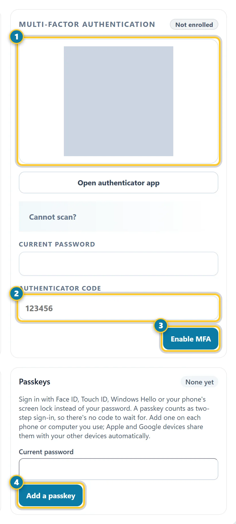 The Security section with the authenticator code to scan (1), the Authenticator code box (2), Enable MFA (3) and Add a passkey (4) marked