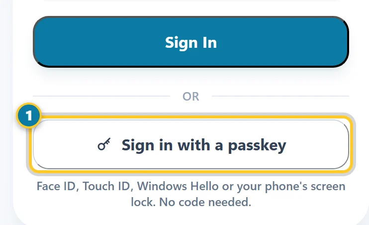 The Sign in page with the Sign in with a passkey button marked