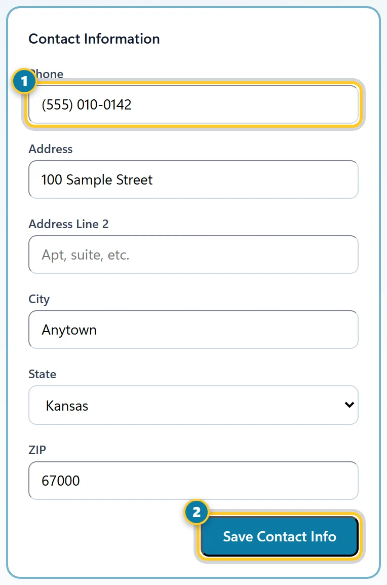 Contact Information with Phone (1) and Save Contact Info (2) marked