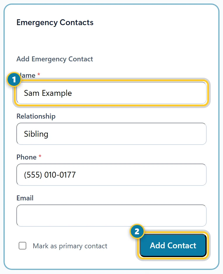 Emergency Contacts with Name (1) and Add Contact (2) marked