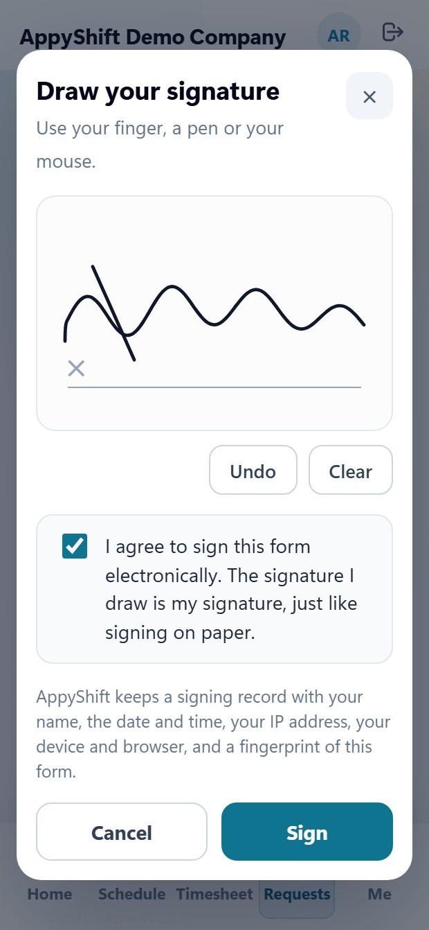 A new hire drawing her signature and agreeing to sign electronically in the AppyShift app