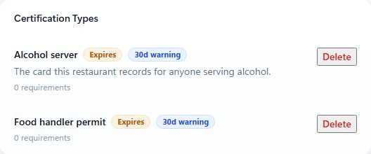Certification types for a sample restaurant: an alcohol server card and a food handler permit, both set to expire.