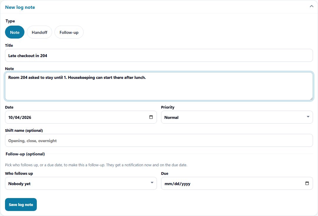 New log note for a sample hotel: late checkout in room 204.
