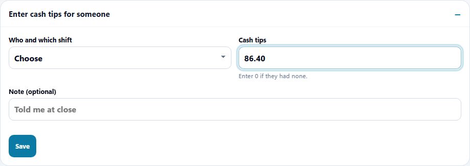 Cash tips entry for a sample hotel, with an amount for one shift.